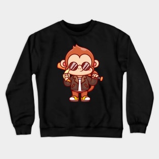 Cute Cool Monkey With Baseball Bat With Jacket And Banana Cartoon Crewneck Sweatshirt